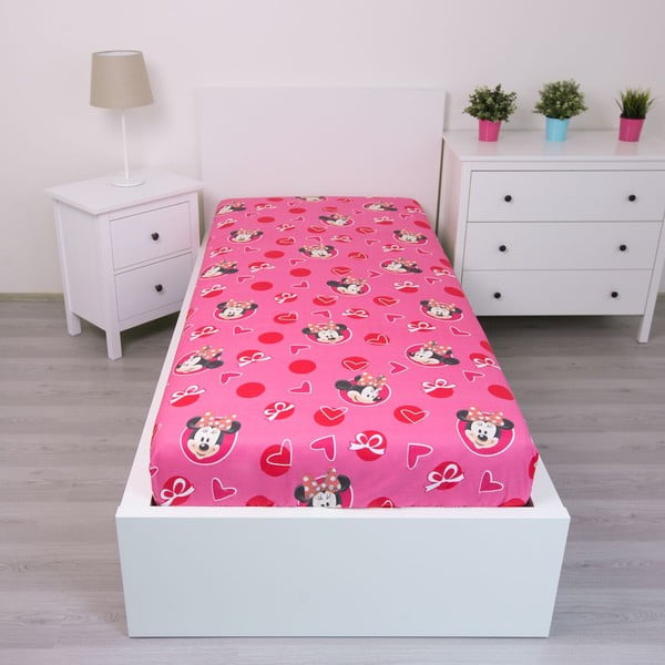 Cearceaf pentru copii roz din bumbac cu elastic 90x200 cm Minnie "Hearts" – Jerry Fabrics-image-1