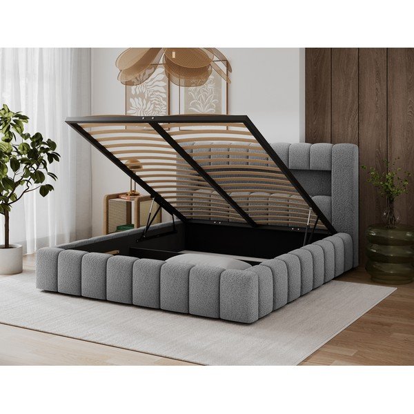 Pat matrimonial gri tapițat cu spațiu de depozitare cu somieră 160x200 cm Lamica – ELTAP-image-4