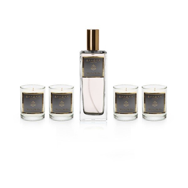 Set 4 lumânări parfumate și parfum de casă, în cutie de cadou, cu aromă de iasomie și vanilie Bahoma London-image-1