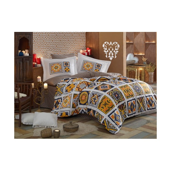 Lenjerie de pat din bumbac poplin cu cearșaf Mozaique, 160 x 220 cm