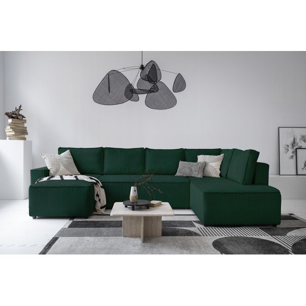 Colțar verde închis extensibil cu tapițerie din catifea reiată  (cu colț pe partea dreaptă/în formă de "U") Brave Dave – Miuform-image-1