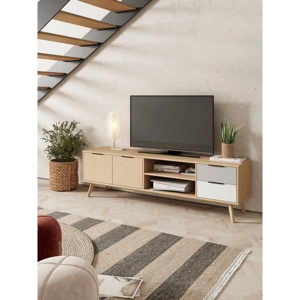 Comodă TV natural/gri/alb din lemn de pin 180x53 cm Elfa – Marckeric-image-1