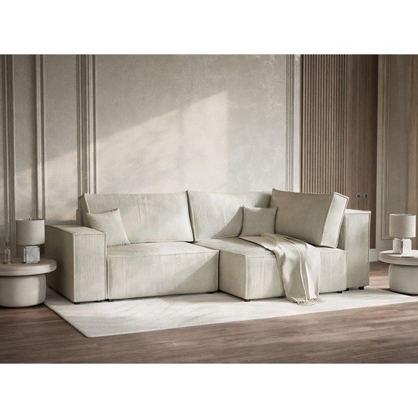 Colțar crem extensibil/cu spațiu de depozitare cu tapițerie din catifea reiată  (cu colț pe partea dreaptă/în formă de ”L”) Tonga – Maison de Rêve-image-4