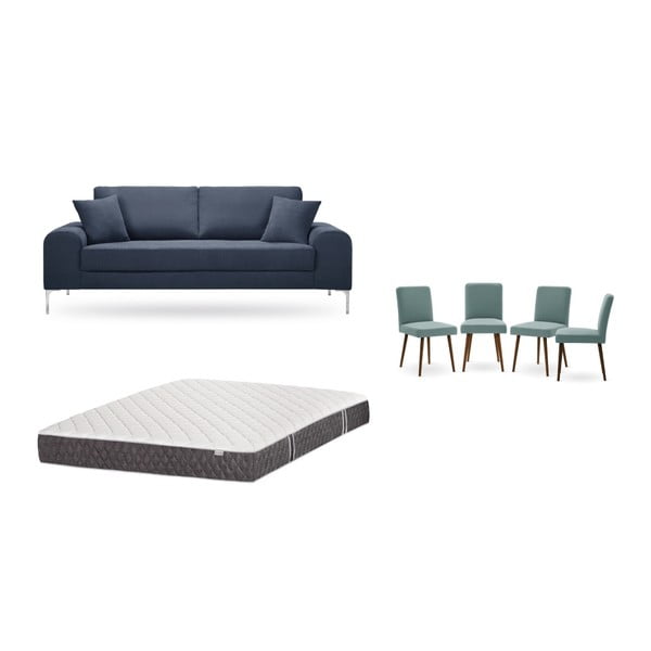 Set canapea albastru închis cu 3 locuri, 4 scaune gri-verde, o saltea 160 x 200 cm Home Essentials