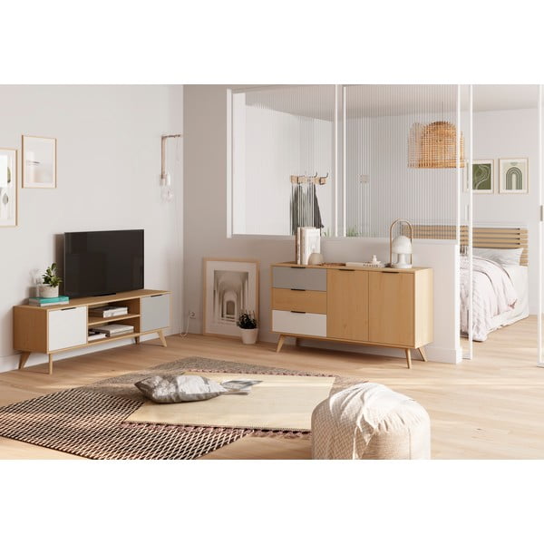 Comodă joasă natural/gri/alb din lemn de pin 140x81 cm Elfa – Marckeric-image-1