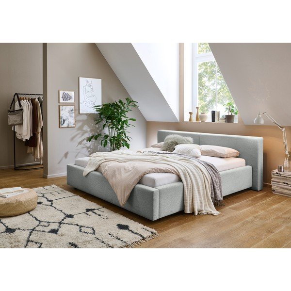 Pat matrimonial gri tapițat cu spațiu de depozitare cu somieră 160x200 cm Cube – Meise Möbel-image-1