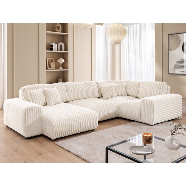 Colțar crem cu tapițerie din catifea reiată  (cu colț pe partea dreaptă/în formă de "U") Justin – Ropez-image-4