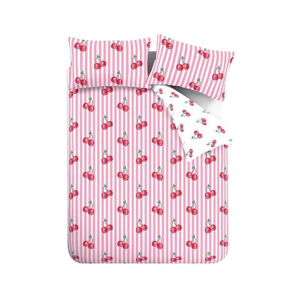 Lenjerie de pat albă-roz pentru pat dublu, extinsă 230x220 cm Disco Cherries Stripes – Catherine Lansfield