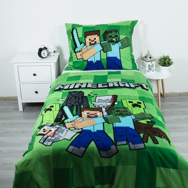 Lenjerie de pat pentru copii verde din microfibră pentru pat de o persoană 140x200 cm Minecraft Block Stack – Jerry Fabrics-image-1