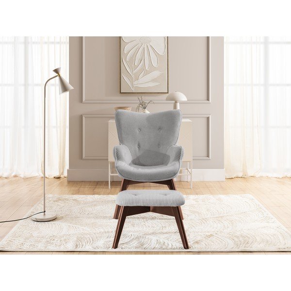 Fotoliu cu taburet gri cu tapițerie din catifea reiată Niko – Ropez-image-1