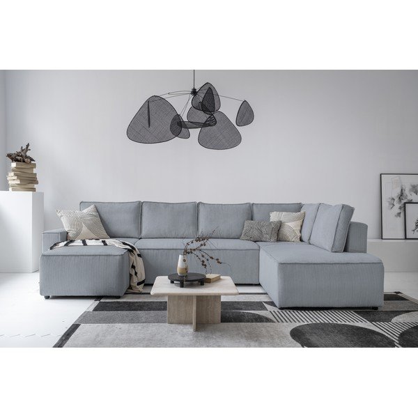 Colțar gri deschis extensibil cu tapițerie din catifea reiată  (cu colț pe partea dreaptă/în formă de "U") Brave Dave – Miuform-image-1