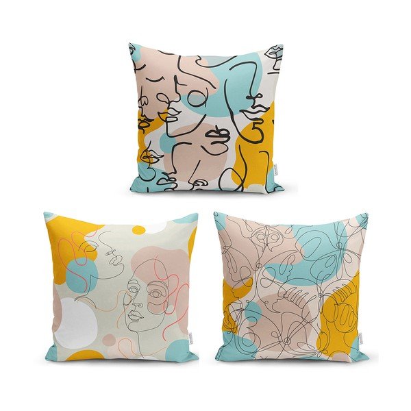 Set 3 fețe de pernă Minimalist Cushion Covers Drawing Face, 45 x 45 cm