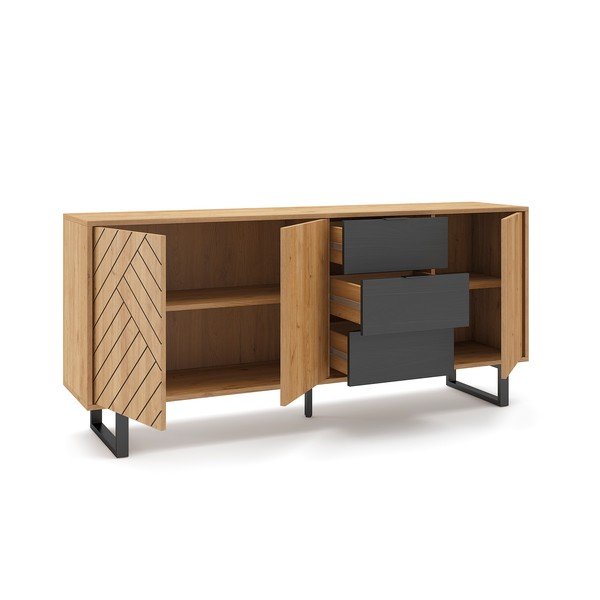 Comodă gri antracit/natural joasă cu aspect de lemn de stejar 180x80 cm Madona – Marckeric-image-3