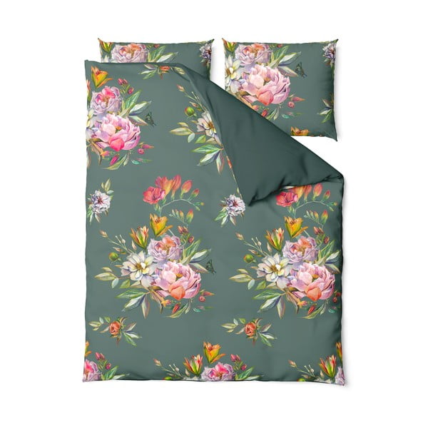 Lenjerie de pat din bumbac satinat pentru pat single Bonami Selection Floret, 140 x 220 cm, verde închis