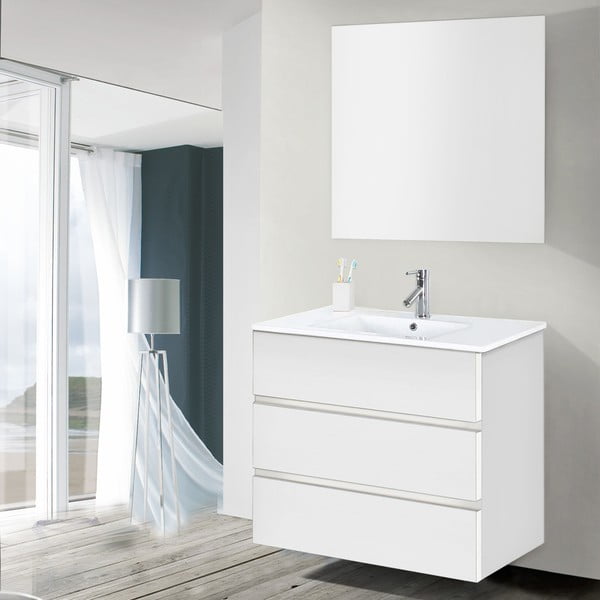 Dulăpior baie cu lavoar și oglindă Nayade, nuanță de alb, 80 cm