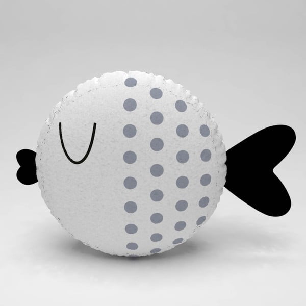 Pernă în formă de pește Fish Dots, ⌀ 32 cm, alb-gri