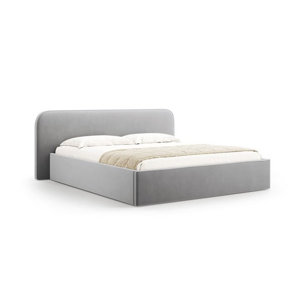 Pat matrimonial gri deschis tapițat cu spațiu de depozitare cu somieră 200x200 cm Elizabeth – Micadoni 