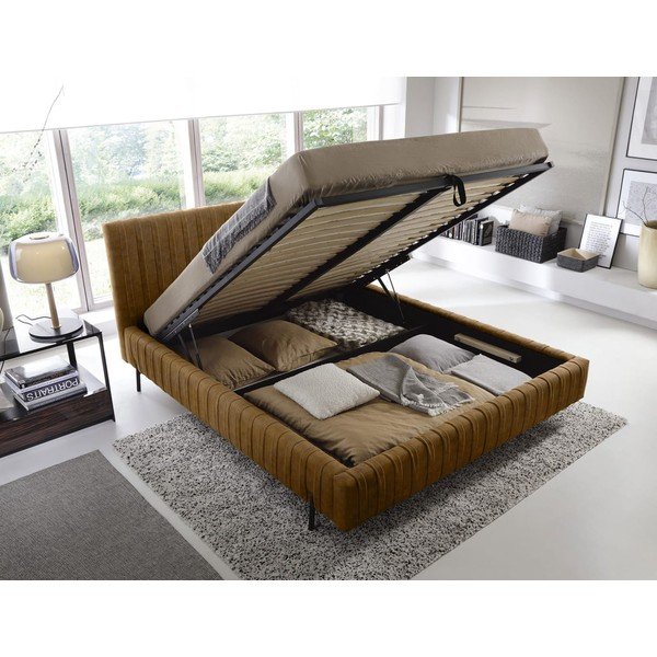 Pat matrimonial galben ocru tapițat cu spațiu de depozitare cu somieră 160x200 cm Plissa – ELTAP-image-2