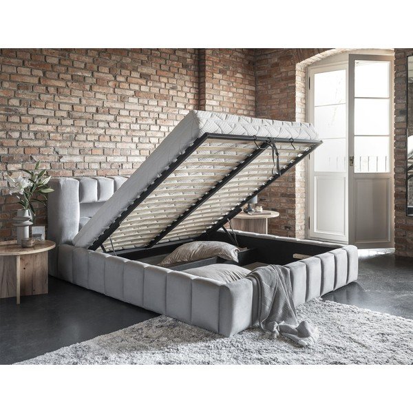 Pat matrimonial gri deschis tapițat cu spațiu de depozitare cu somieră 160x200 cm Lamica – ELTAP-image-3