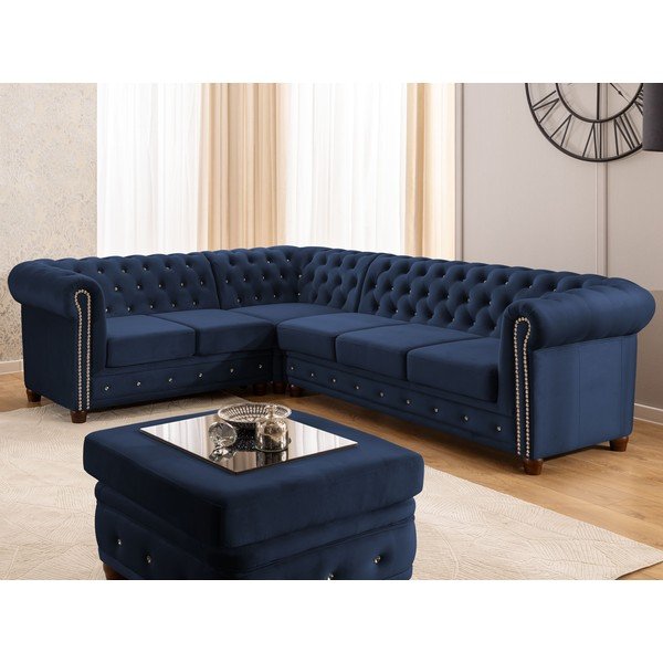 Colțar albastru extensibil cu tapițerie din catifea (cu colț pe partea stângă/în formă de ”L”) York Blik – Ropez-image-1