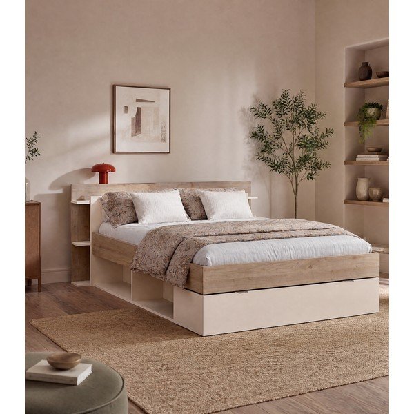 Pat matrimonial alb/în culoare naturală cu aspect de lemn de stejar cu spațiu de depozitare fără somieră 160x200 cm Albo – Marckeric-image-1