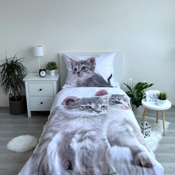 Lenjerie de pat pentru copii albă-gri din bumbac pentru pat de o persoană 140x200 cm Kitten "Grey" – Jerry Fabrics-image-1