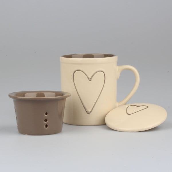 Cană ceramică cu sită pentru ceai decorată manual, Dakls Heart, 325 ml, bej