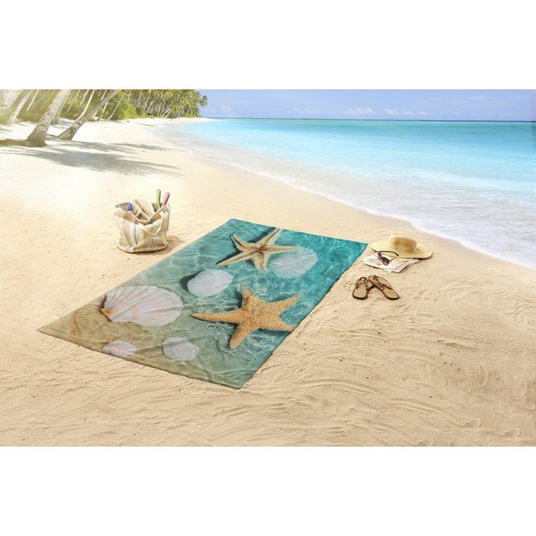 Prosop de plajă albastru/bej din catifea 100x180 cm Beachvibe – Good Morning-image-1