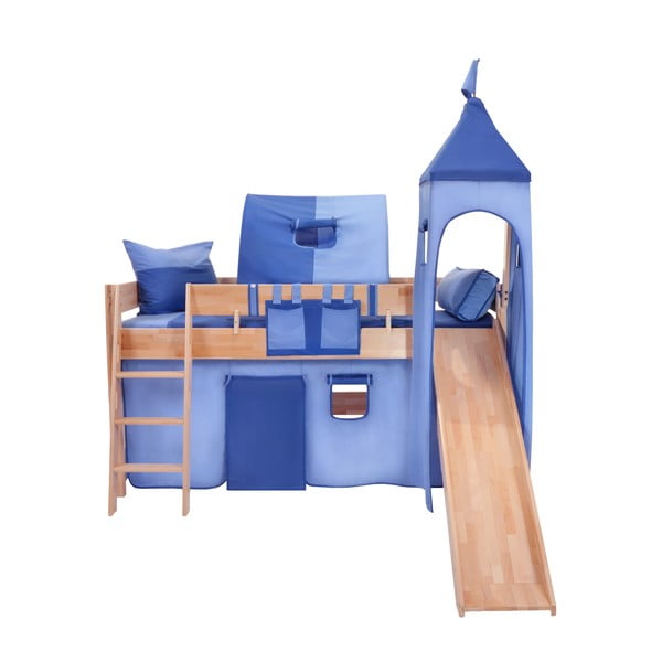 Pătuț cu tobogan pentru copii și set albastru din bumbac Mobi furniture Luk, 200 x 90 cm