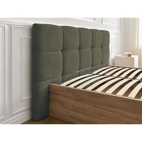 Pat matrimonial verde tapițat/din  placă aglomerată de lemn tapițat cu spațiu de depozitare cu somieră 160x200 cm Kumo – Bobochic Paris-image-4