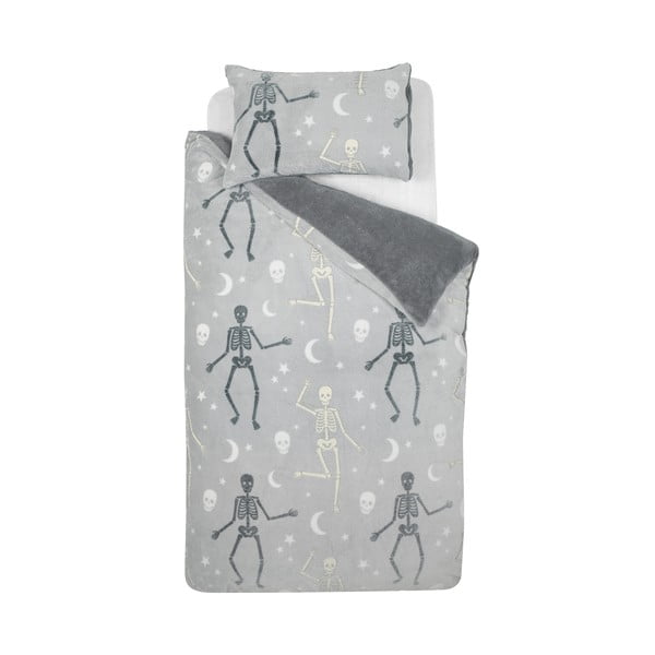 Lenjerie de pat fosforescentă pentru copii gri din micropluș/cocolino pentru pat dublu 200x200 cm Halloween Skeleton – Catherine Lansfield