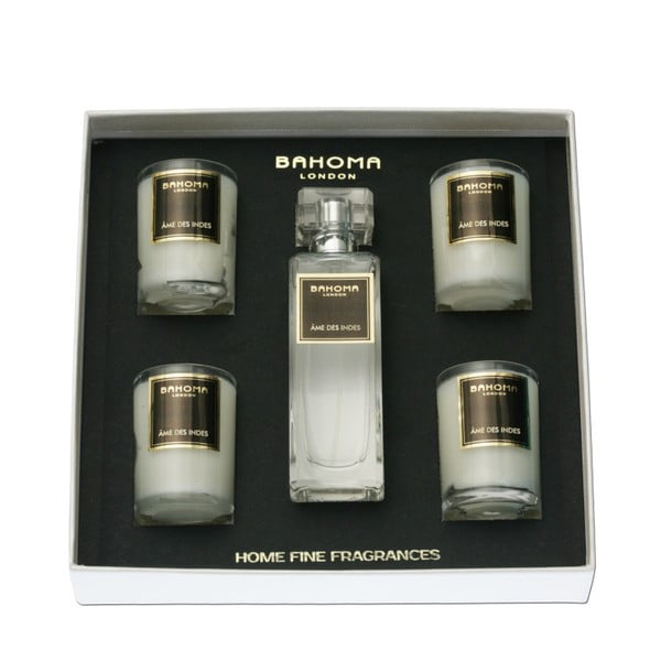 Set 4 lumânări parfumate și spray de interior Bahoma London, aromă de vanilie și cuișoare