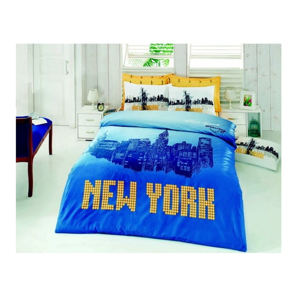 Lenjerie de pat cu cearșaf New York Blue, 200 x 220 cm