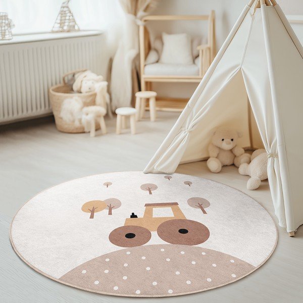 Covor pentru copii bej lavabil ø100 cm Tractor World – Mila Home-image-4
