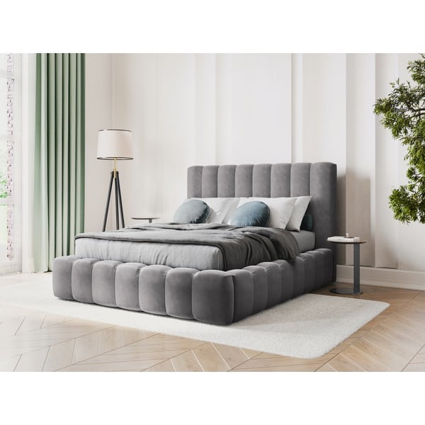 Pat dublu 180x200 cm gri tapițat cu spațiu de depozitare și somieră Kelp – Micadoni Home-image-1