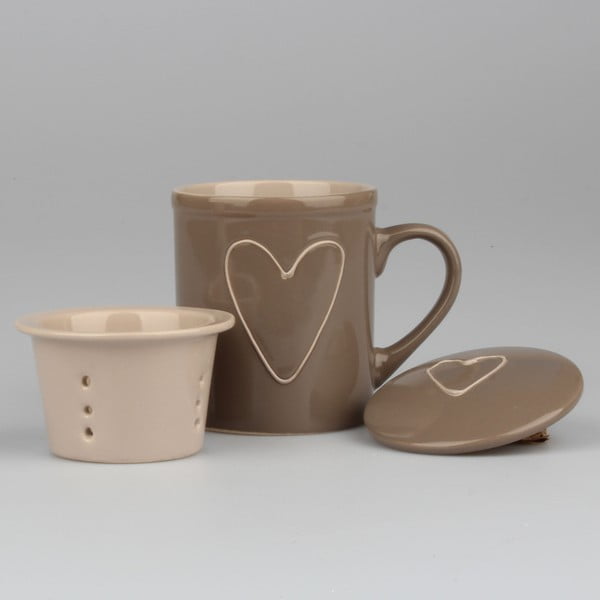 Cană ceramică, cu sită pentru ceai, decorată manual, Dakls Heart, 325 ml, maro
