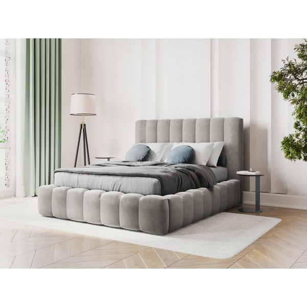 Pat dublu 200x200 cm gri deschis tapițat cu spațiu de depozitare și somieră Kelp – Micadoni Home-image-1