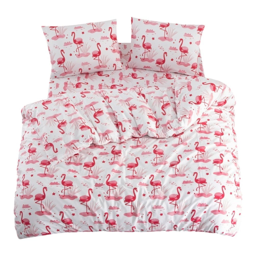 Lenjerie de pat albă, roz pentru pat de o persoană, extinsă cu cearceaf inclus, cu 3 piese 160x220 cm Flamingo – Mila Home