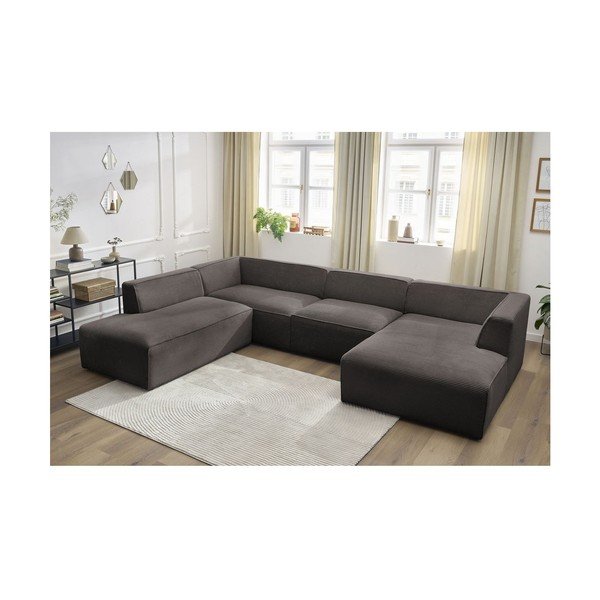 Colțar modular maro cu tapițerie din catifea reiată  (cu colț pe partea stângă/în formă de "U") Megeve – Bobochic Paris-image-3