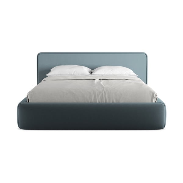 Pat matrimonial albastru tapițat cu spațiu de depozitare cu somieră 160x200 cm Kiana – Makamii-image-4