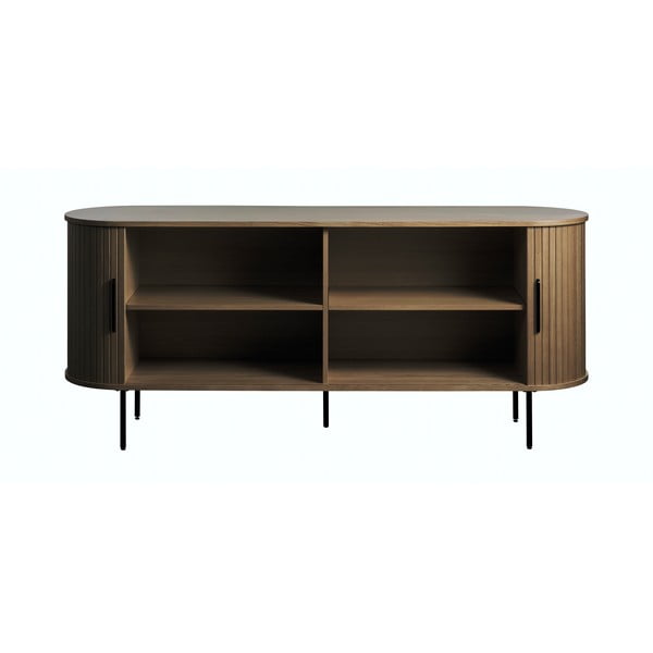 Comodă maro cu aspect de lemn de stejar cu ușă glisantă 180x76x45 cm Nola – Unique Furniture-image-2