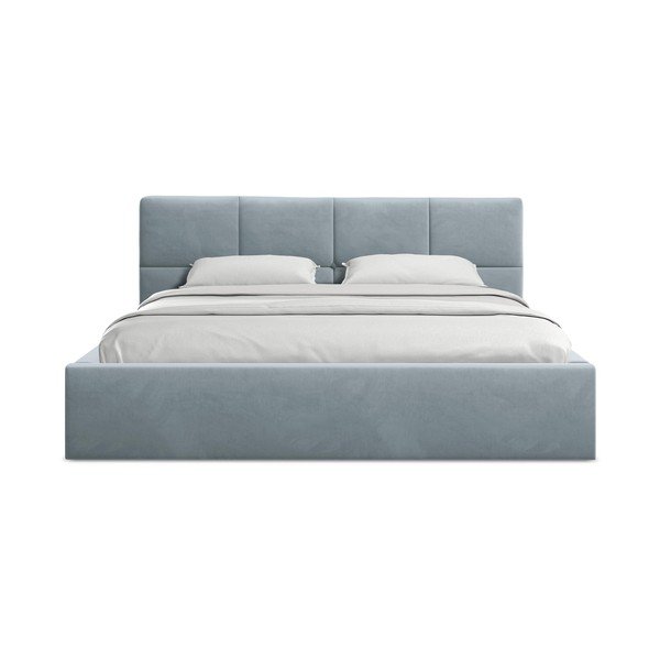 Pat matrimonial albastru deschis tapițat din catifea cu spațiu de depozitare cu somieră 140x200 cm Hiko – Makamii-image-3