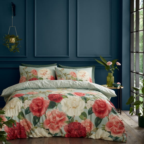 Lenjerie de pat verde/roz din bumbac pentru pat dublu 200x200 cm Rose Garden – RHS