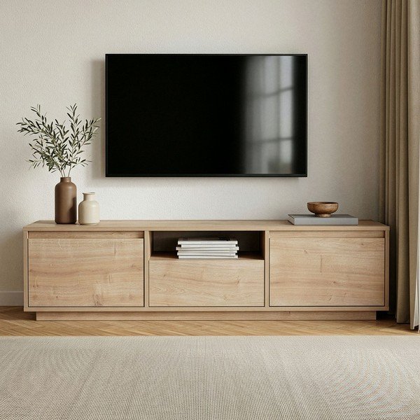 Comodă TV în culoare naturală cu aspect de lemn de stejar 160x42x30 cm Sentinel – Kalune Design-image-2