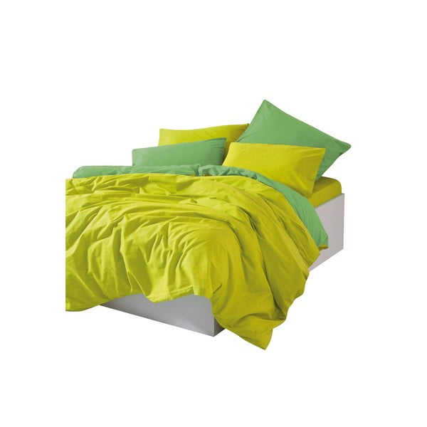 Lenjerie de pat galbenă-verde din bumbac ranforcé pentru pat dublu, extinsă cu cearceaf inclus, cu 4 piese 200x220 cm Sage – Mijolnir