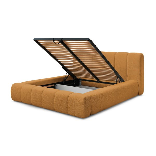 Pat matrimonial galben muștar tapițat cu spațiu de depozitare cu somieră 160x200 cm Denali – Bobochic Paris-image-4