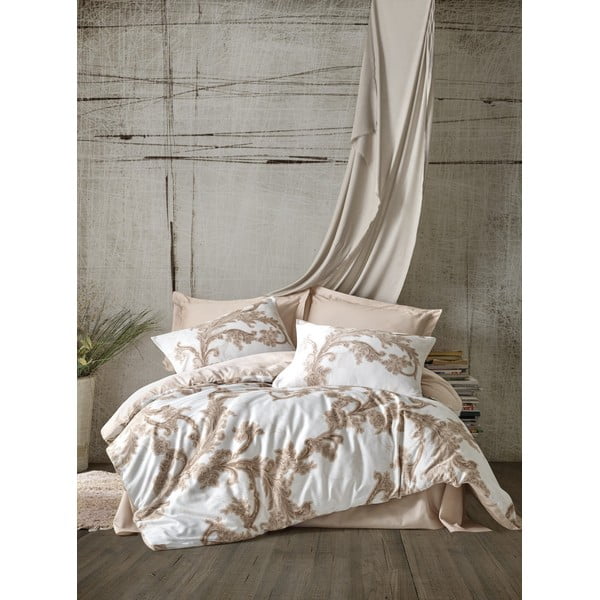 Set lenjerie de pat bej din bumbac satinat pentru pat dublu-extinsă 6 piese 200x220 cm Loren – Mijolnir
