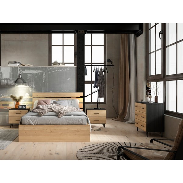 Comodă negru/natural  joasă cu aspect de lemn de stejar 80x72 cm Indus – Marckeric-image-4