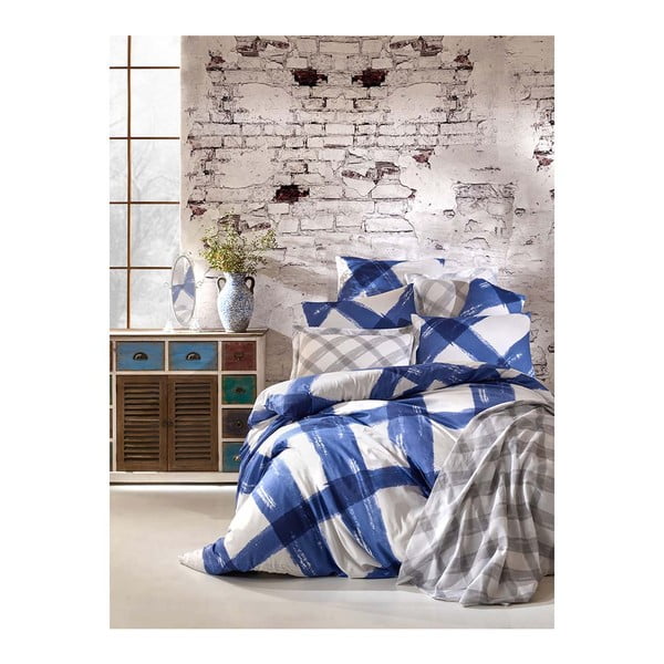 Lenjerie de pat cu cearșaf din bumbac Sanura Azul, 200 x 220 cm