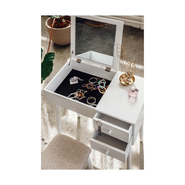 Masă de toaletă cu oglindă, 2 sertare și cutie de bijuterii Bonami Essentials Beauty, alb-image-2